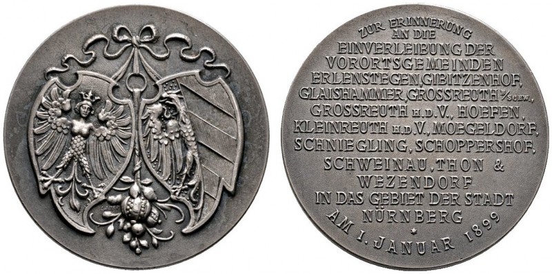 Nürnberg, Stadt
Mattierte Silbermedaille 1899 von Lauer, auf die Eingemeindung ...