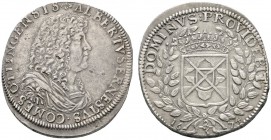 Öttingen
Albrecht Ernst 1659-1683
Gulden zu 60 Kreuzer 1674. Geharnischtes Brustbild mit sogen. Judenkopfschulter nach rechts, darunter Signatur ICM...