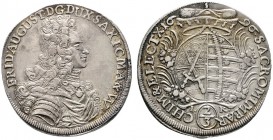 Sachsen-Albertinische Linie
Friedrich August I. ("August der Starke") 1694-1733
Gulden zu 2/3 Taler 1696 -Dresden-. Kahnt 111, Slg. Mers. 1380, Kohl...