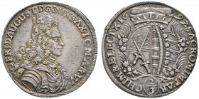 Sachsen-Albertinische Linie
Friedrich August I. ("August der Starke") 1694-1733
Gulden zu 2/3 Taler 1697 -Dresden-. Kahnt 111, Slg. Mers. 1388, Kohl...