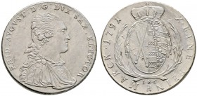 Sachsen-Albertinische Linie
Friedrich August III. 1763-1806
Konventionstaler 1791 -Dresden-. Kahnt (Sachsen) 1085, Slg. Mers. -, Buck 177a, Schnee 1...