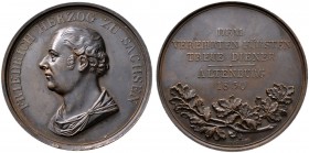 Sachsen-Altenburg
Friedrich IV. (von Hildburghausen) 1826-1834. Dunkel getönte Bronzemedaille 1830 von F. König, auf sein 50-jähriges Regierungsjubil...