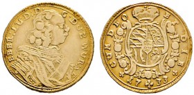 Württemberg
Eberhard Ludwig 1693-1733
1/4 Karolin 1733. KR 29, Ebner 228, Fr. 3586, Slg. Hermann 369. 2,45 g
sehr schön