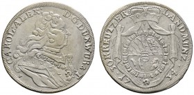 Württemberg
Karl Alexander 1733-1737
30 Kreuzer 1734. KR - vgl. 194/194.1, Ebner -. -Walzenprägung-
seltene Variante, sehr schön