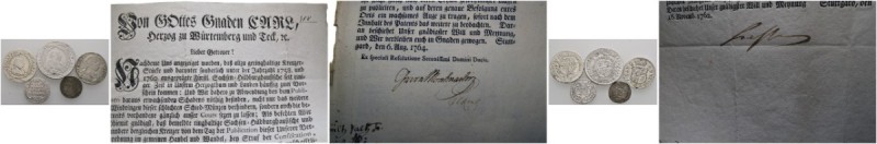 Württemberg
Karl Eugen 1744-1793
7-tlg. Konvolut: Zwei Schriftstücke, den Münz...