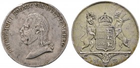 Württemberg
Friedrich II./I. 1797-1806-1816
Kronentaler 1810. KR 29, AKS 34, J. 22, Thun 423, Kahnt 574.
kleine Randfehler und Schrötlingsfehler, s...