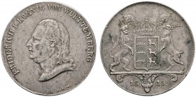 Württemberg
Friedrich II./I. 1797-1806-1816
Kronentaler 1810. Mit Quasten an den Fahnenstangen. KR 29.2, AKS 34 Anm., J. 22, Thun 423, Kahnt 574c.
...