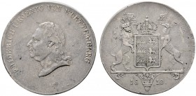 Württemberg
Friedrich II./I. 1797-1806-1816
Kronentaler 1810. KR 29.3, AKS 35, J. 23, Thun 4247, Kahnt 575.
minimale Randjustierungen, gutes sehr s...