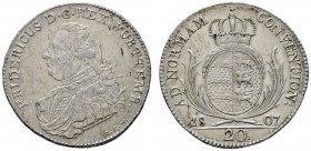 Württemberg
Friedrich II./I. 1797-1806-1816
20 Kreuzer 1807. Mit WÜRTTEMB:. KR 37, AKS 43, J. 11.
sehr schön-vorzüglich