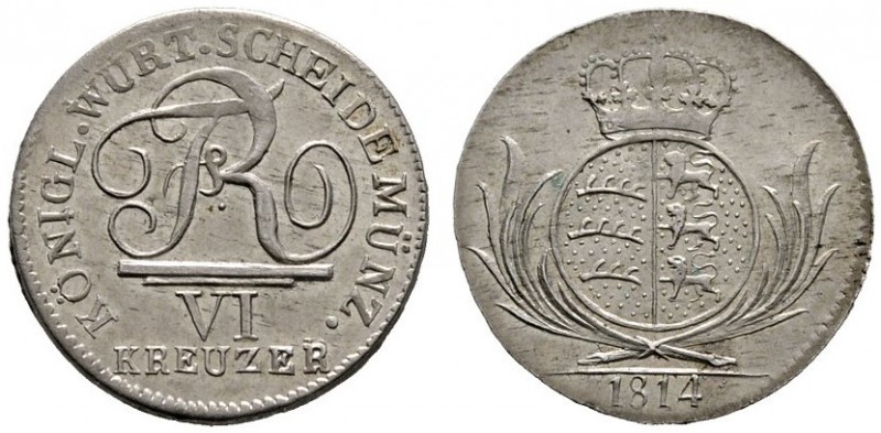 Württemberg
Friedrich II./I. 1797-1806-1816
6 Kreuzer 1814. KR 44.7, AKS 51, J...