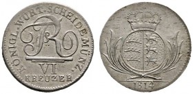 Württemberg
Friedrich II./I. 1797-1806-1816
6 Kreuzer 1814. KR 44.7, AKS 51, J. 9.
Prachtexemplar, winzige Prägeschwächen, Stempelglanz
