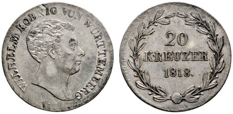 Württemberg
Wilhelm I. 1816-1864
20 Kreuzer 1818. Lorbeerkranz auf Revers oben...