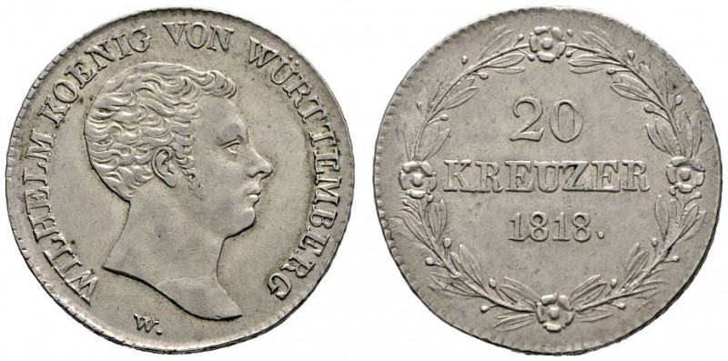 Württemberg
Wilhelm I. 1816-1864
20 Kreuzer 1818. KR 54.1, AKS 88 Anm., J. 35....