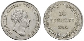 Württemberg
Wilhelm I. 1816-1864
10 Kreuzer 1818. Mit WÜRTTEMBERG. KR 55, AKS 92, J. 34.
sehr seltene Variante, kleine Kratzer auf dem Avers, vorzü...