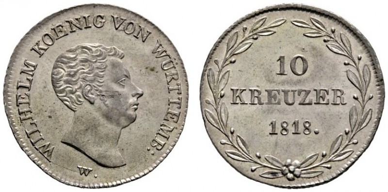 Württemberg
Wilhelm I. 1816-1864
10 Kreuzer 1818. Mit WÜRTTEMB:. KR 55a, AKS 9...