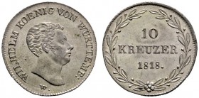 Württemberg
Wilhelm I. 1816-1864
10 Kreuzer 1818. Mit WÜRTTEMB:. KR 55a, AKS 92, J. 34.
feine Patina, kleiner Schrötlingsfehler auf dem Avers, Stem...