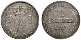 Württemberg
Wilhelm I. 1816-1864
6 Kreuzer 1817. Mit KÖNIGL:. KR 56a, AKS 94 Anm., J. 31.
seltene Variante, dunkle Patina, fast vorzüglich