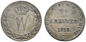 Württemberg
Wilhelm I. 1816-1864
6 Kreuzer 1818. KR 56.1, AKS 94, J. 31.
feine Patina, sehr schön-vorzüglich
