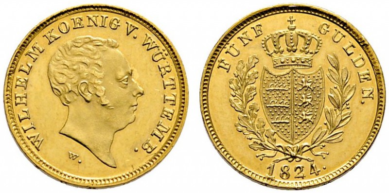 Württemberg
Wilhelm I. 1816-1864
5 Gulden 1824. KR 62, Fr. 3613, AKS 61, J. 57...