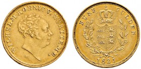 Württemberg
Wilhelm I. 1816-1864
5 Gulden 1825. KR 62.1, Fr. 3613, AKS 61, J. 57, Slg. Hermann 466. 3,35 g. Auflage: 5.956 Exemplare
sehr schön/seh...