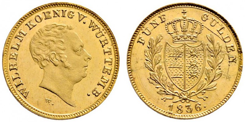 Württemberg
Wilhelm I. 1816-1864
5 Gulden 1836. KR 62.4, Fr. 3613, AKS 61, J. ...