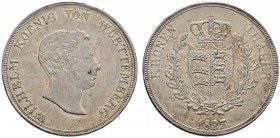 Württemberg
Wilhelm I. 1816-1864
Kronentaler 1827 (aus 1826). KR 63.2, AKS 66, J. 55, Thun 434, Kahnt 586i.
selten, minimale Kratzer, vorzüglich