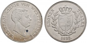 Württemberg
Wilhelm I. 1816-1864
Kronentaler 1832. Mit kleinerem W. unter dem Kopf. KR 65.1a, AKS 66, J. 55, Thun 434, Kahnt 586r.
sehr schön