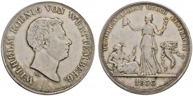 Württemberg
Wilhelm I. 1816-1864
Kronentaler 1833. Auf die Handelsfreiheit. Mit Punkt nach WÜRTTEMBERG. KR 66.2, AKS 67, J. 56, Thun 435, Kahnt 587b...