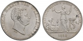 Württemberg
Wilhelm I. 1816-1864
Kronentaler 1833. Auf die Handelsfreiheit. Mit Signatur L.W. auf dem Avers und ohne Signatur D auf dem Revers. KR 6...