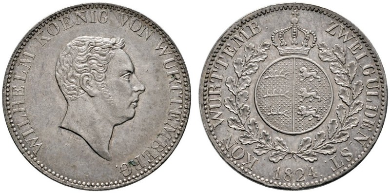 Württemberg
Wilhelm I. 1816-1864
Doppelgulden 1824. Mit P.B. unter dem Kopf, o...