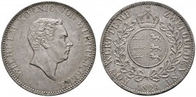 Württemberg
Wilhelm I. 1816-1864
Doppelgulden 1824. Mit P.B. unter dem Kopf, ohne W. unter dem Wappenschild sowie mit Laub­werk(!) zwischen der Rand...