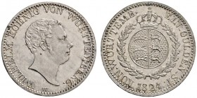 Württemberg
Wilhelm I. 1816-1864
Gulden 1824. Mit rundem Wappen. KR 72, AKS 79, J. 48.
selten in dieser Erhaltung, Prachtexemplar, Stempelglanz
Au...