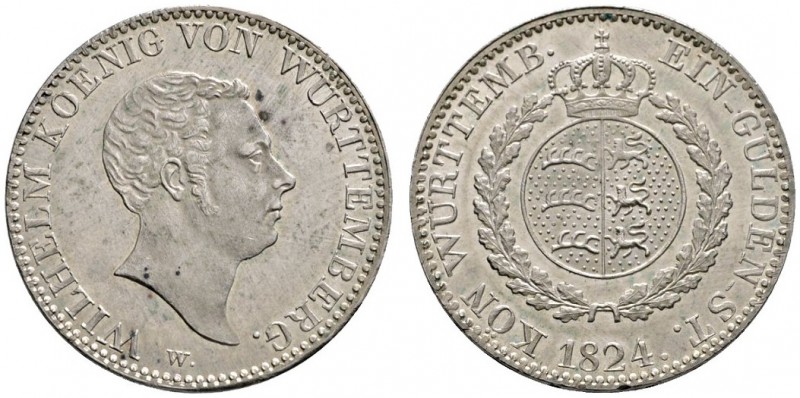 Württemberg
Wilhelm I. 1816-1864
Gulden 1824. Mit rundem Wappen, Laubwerk zwis...