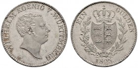 Württemberg
Wilhelm I. 1816-1864
Gulden 1825. Mit WÜRTTMBERG(!). KR 73.1, AKS 80 Anm., J. 53.
sehr seltene Variante, Prachtexemplar, fast Stempelgl...