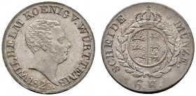 Württemberg
Wilhelm I. 1816-1864
6 Kreuzer 1823. KR 79.1a, AKS 96 Anm., J. 43a.
Prachtexemplar mit feiner Tönung, fast Stempelglanz