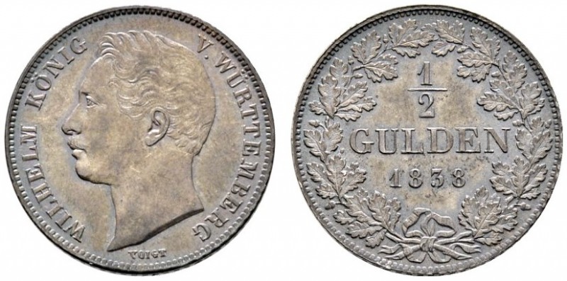 Württemberg
Wilhelm I. 1816-1864
1/2 Gulden 1838. KR 98, AKS 86, J. 69a.
fein...