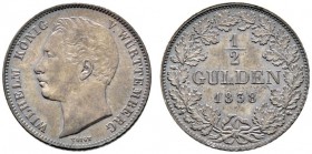 Württemberg
Wilhelm I. 1816-1864
1/2 Gulden 1838. KR 98, AKS 86, J. 69a.
feine Patina, vorzüglich-Stempelglanz