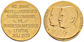 SCHÜTZEN
Mitteldeutsches Bundesschießen
34. Mitteldeutsches Bundesschießen zu Leipzig 1933. Kleine mattierte Goldmedaille unsigniert. Sieben Zeilen ...