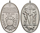 SCHÜTZEN
Mittelthüringisches Gauschießen
7. Mittelthüringisches Gauschießen zu Hermsdorf 1924. Tragbare, versilberte hochovale Bronze­medaille unsig...