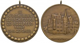 SCHÜTZEN
Südthüringisches Gauschießen
2. Südthüringisches Gauschießen zu Saalfeld 1924. Tragbare Bronzemedaille von H. Wernstein. Sechs Zeilen Schri...