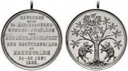 Schützenmedaillen einzelner Städte
Eberswalde
Tragbare Silbermedaille 1888 von Lemcke, auf das 25-jährige Brandenburger-Bundesjubiläum und das 300-j...