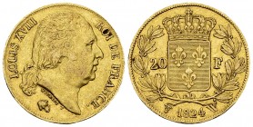 Louis XVIII, AV 20 Francs 1824 W, Lille