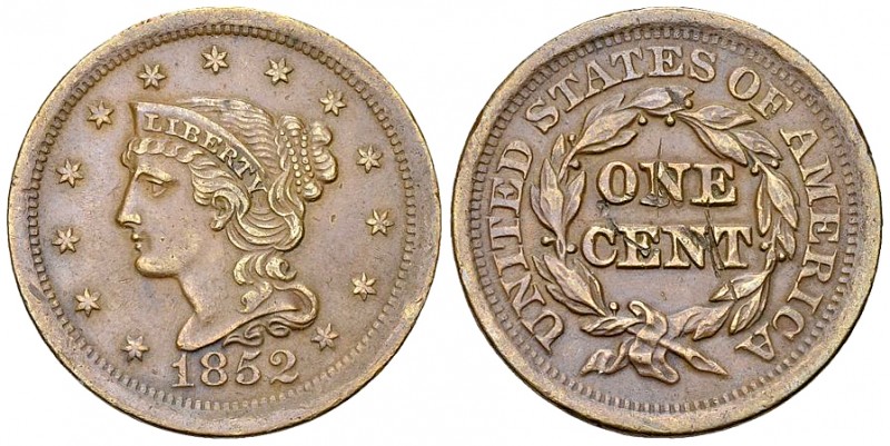 USA CU 1 Cent 1852 

USA. CU 1 Cent 1852 (10.53 g).
KM 67.

Scratches on re...