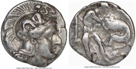 CALABRIA. Tarentum. Ca. 380-280 BC. AR diobol (11mm, 10h). NGC XF. Ca. 325-280 BC. Head of Athena right, wearing crested Attic helmet decorated with f...