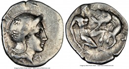 CALABRIA. Tarentum. Ca. 380-280 BC. AR diobol (12mm, 7h). NGC VF, brushed. Head of Athena right, wearing crested Attic helmet decorated with three flo...