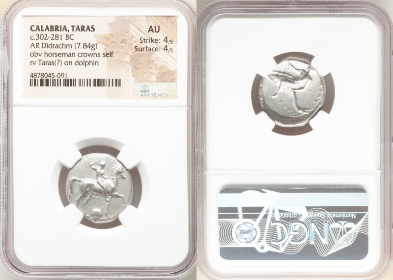 CALABRIA. Tarentum. Ca. 302-281 BC. AR nomos or didrachm (22mm, 7.84 gm, 7h). NG...
