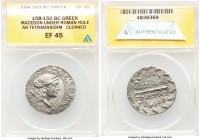 MACEDON UNDER ROME. First Meris. Ca. 167-149 BC. AR tetradrachm (30mm, 11h). ANACS XF 45, cleaned. Ca. 158-150 BC. Diademed and draped bust of Artemis...