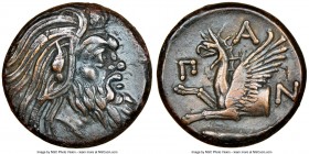 CIMMERIAN BOSPORUS. Panticapaeum. 4th century BC. AE (21mm, 12h). NGC XF. Head of bearded Pan right / Π-A-N, forepart of griffin left, sturgeon left b...