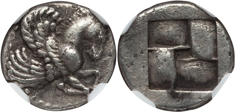 MYSIA. Lampsacus. Ca. 500-450 BC. AR diobol (11mm). NGC XF. Protome of Pegasus r...