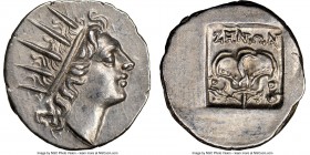 CARIAN ISLANDS. Rhodes. Ca. 88-84 BC. AR drachm (16mm, 1h). NGC Choice AU. Plinthophoric standard, Zenon, magistrate. Radiate head of Helios right / Z...